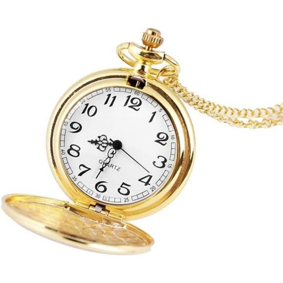 Vintage Quartz Pocket Watch Set – Silver & Gold with Chain Men Or Women - Picture 3 of 7